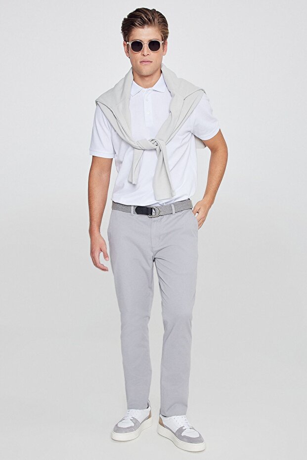 Erkek Gri Diz İzi Yapmayan Slim Fit Dar Kesim Yan Cep Pamuklu Esnek Chino Pantolon - 1