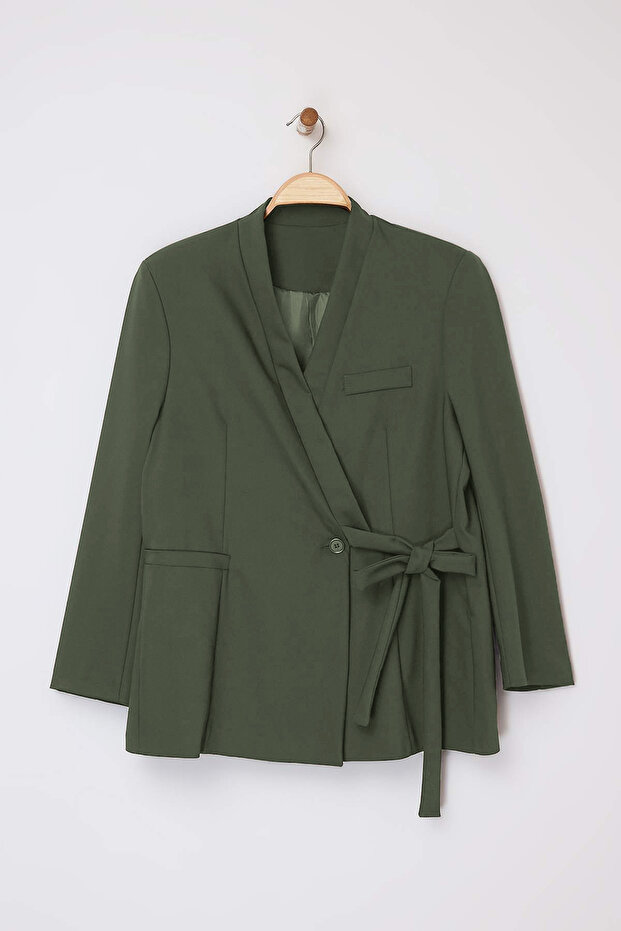 Haki Yumuşak Tuşeli Poliviskon Kumaş Oversize Dokuma Ceket TCTAW26CK00001 - 9