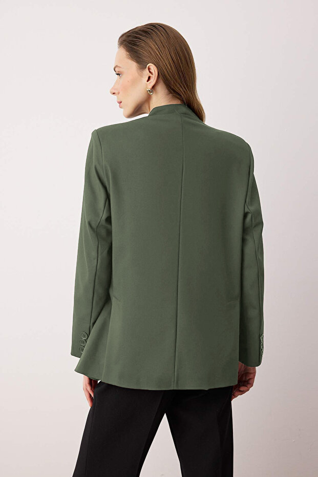 Haki Yumuşak Tuşeli Poliviskon Kumaş Oversize Dokuma Ceket TCTAW26CK00001 - 8
