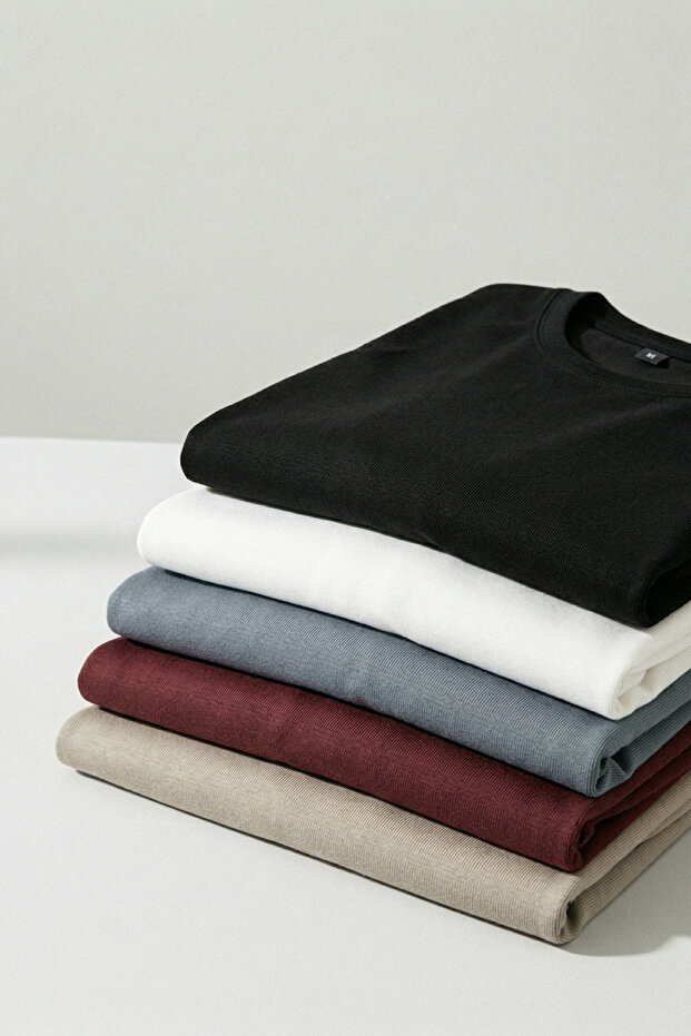 Unisex Siyah-Kahverengi-Gri-Taş-Beyaz Slim/Dar Kesim 5'li Paket %100 Pamuk T-shirt TMNAW20TS0243 - 1