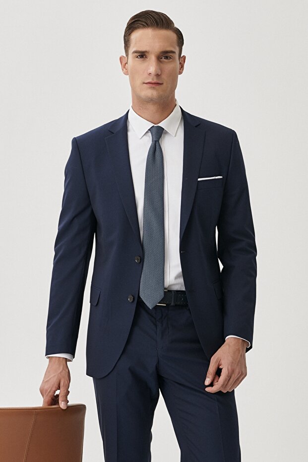 Erkek Lacivert Slim Fit Dar Kesim Mono Yaka Takım Elbise - 12