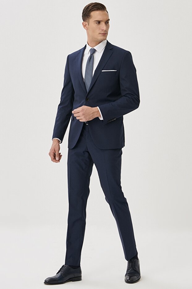 Erkek Lacivert Slim Fit Dar Kesim Mono Yaka Takım Elbise - 8