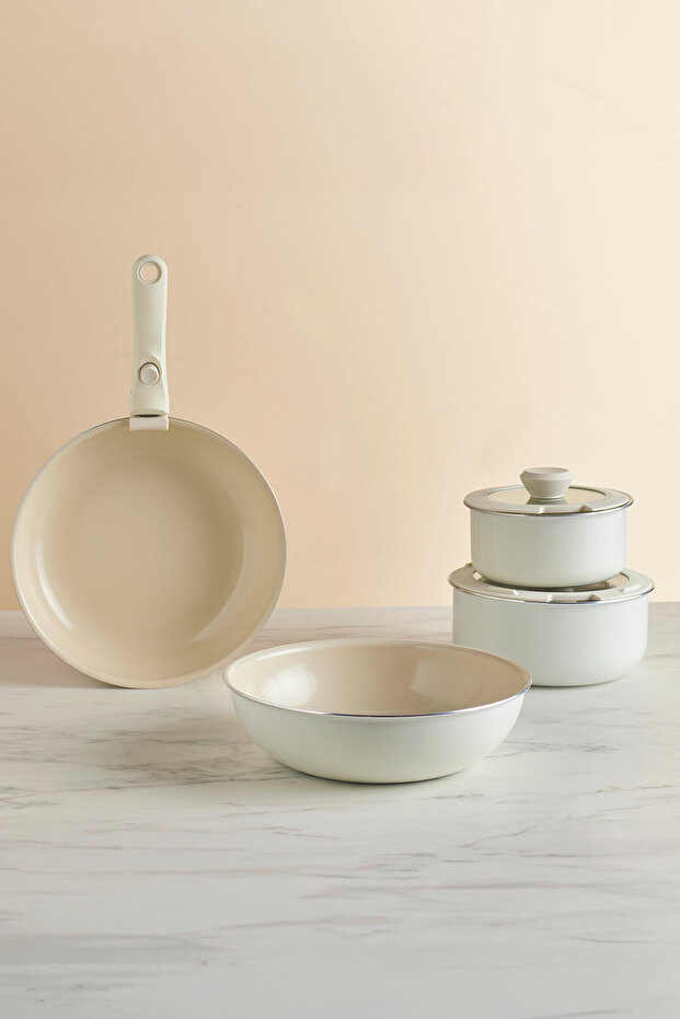 x Refika Swiss Crystal Almond Cream Easy Clip 7 Parça İndüksiyon Tabanlı Tencere / Tava Seti - 1