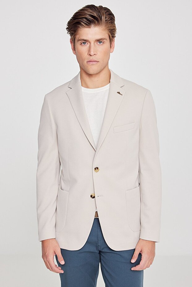 Erkek Bej Slim Fit Dar Kesim Mono Yaka Casual Blazer Ceket - 6
