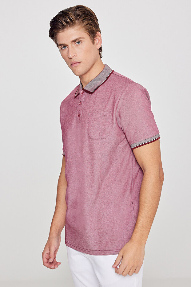 Erkek Çekmeyen Pamuklu Kumaş Regular Fit Rahat Kesim Bordo Kıvrılmaz Polo Yaka Cepli Tişört - 1
