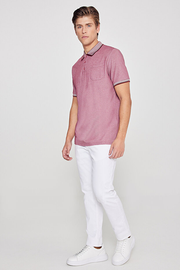 Erkek Çekmeyen Pamuklu Kumaş Regular Fit Rahat Kesim Bordo Kıvrılmaz Polo Yaka Cepli Tişört - 7