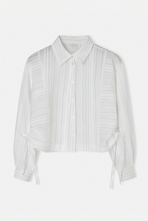 Beyaz-Mavi Beli Büzgülü Crop Oversize Gömlek TDRSS26GO00039 - 4