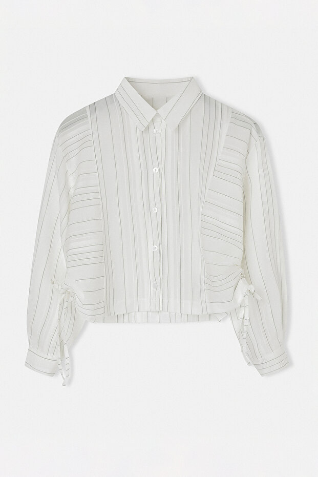 Beyaz-Yeşil Beli Büzgülü Crop Oversize Gömlek TDRSS26GO00039 - 4