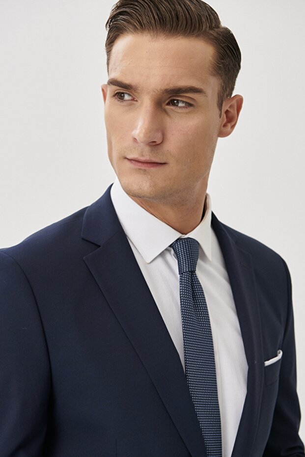 Erkek Lacivert Slim Fit Dar Kesim Mono Yaka Takım Elbise - 7