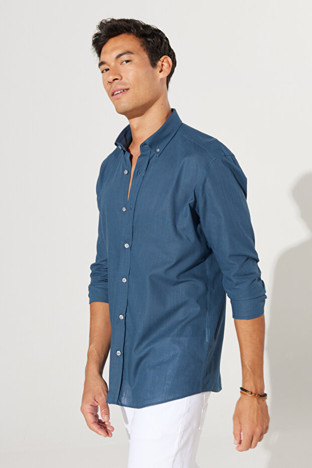 Erkek Kolay Ütülenebilen %100 Pamuk Keten Görünümlü Nefes Alabilen Terletmez Slim Fit Gömlek - 4