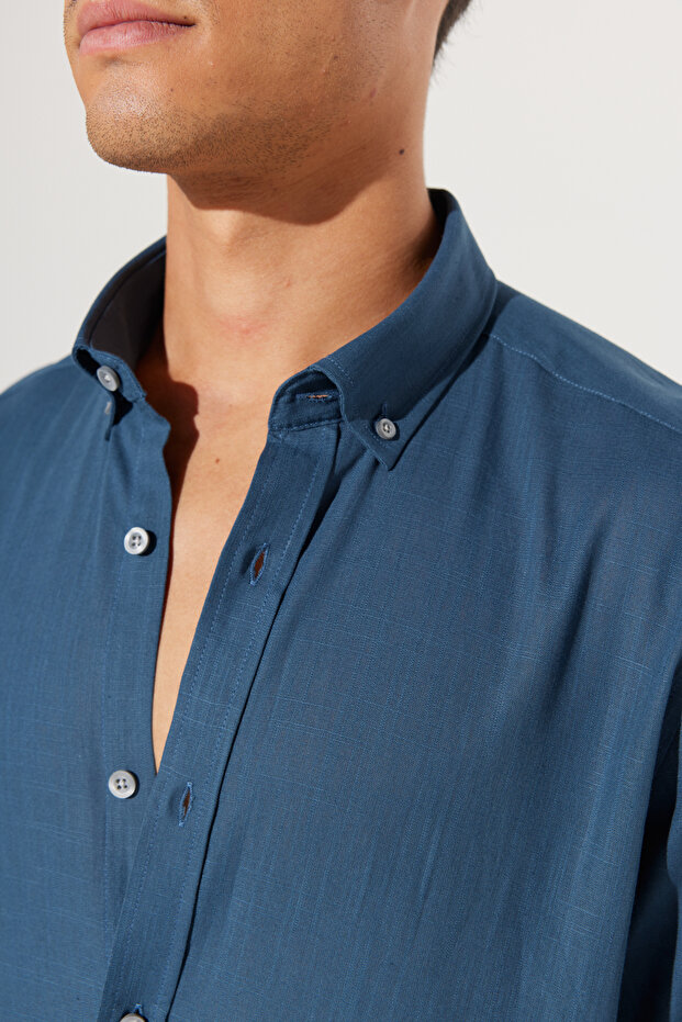 Erkek Kolay Ütülenebilen %100 Pamuk Keten Görünümlü Nefes Alabilen Terletmez Slim Fit Gömlek - 7