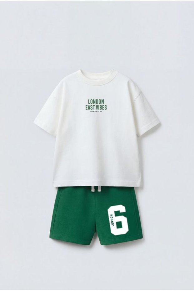 Boy's Cotton White Letter Print T-Shirt and Shorts Set - Green Lace-Up Shorts