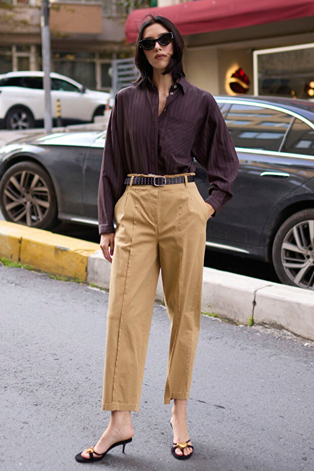 Camel Kemerli %100 Pamuk Dokuma Barrel Pantolon TWOSS26PL00126 - 5