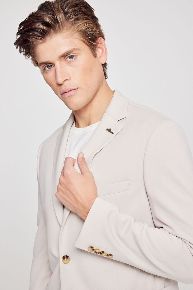 Erkek Bej Slim Fit Dar Kesim Mono Yaka Casual Blazer Ceket - 8
