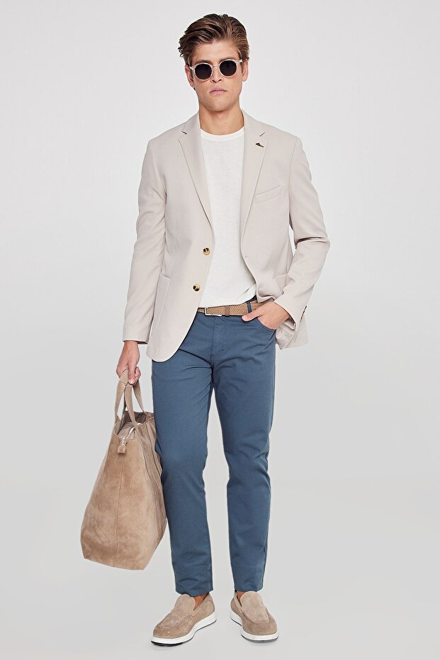 Erkek Bej Slim Fit Dar Kesim Mono Yaka Casual Blazer Ceket - 4