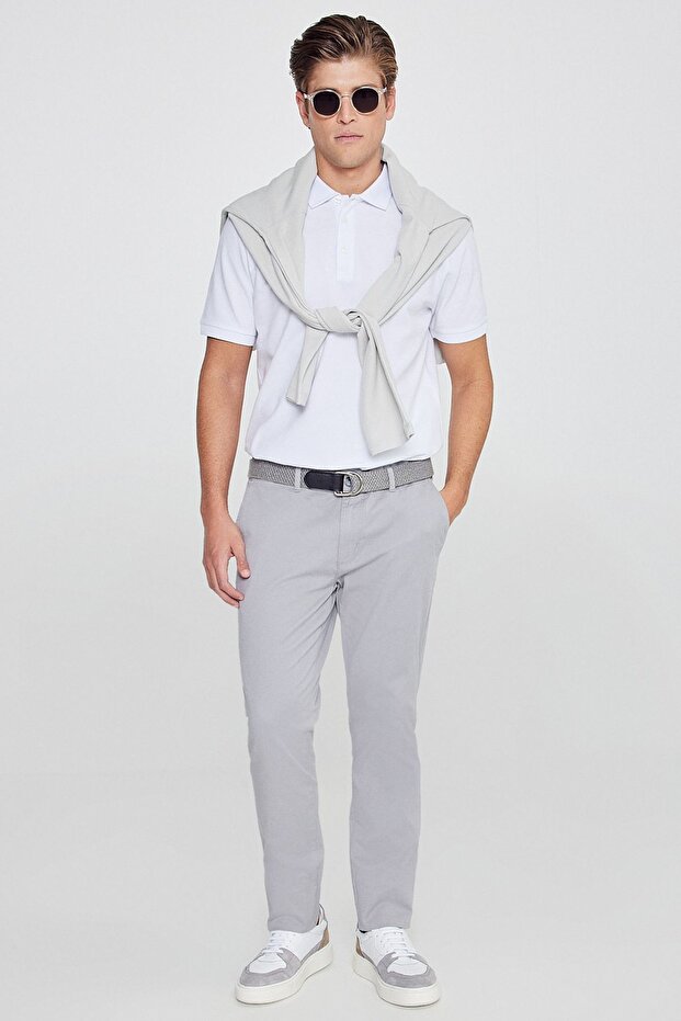Erkek Gri Diz İzi Yapmayan Slim Fit Dar Kesim Yan Cep Pamuklu Esnek Chino Pantolon - 6