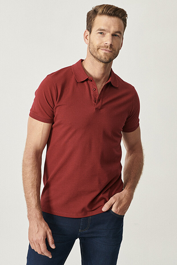 Erkek Bordo %100 Pamuk Kıvrılmaz Pike Polo Yaka Slim Fit Dar Kesim Tişört - 8