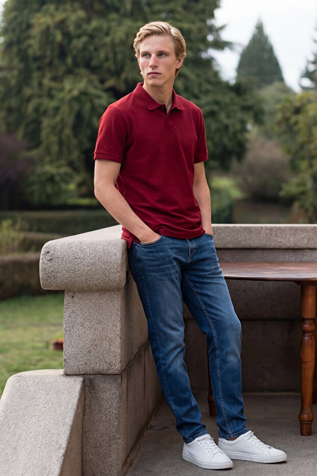 Erkek Bordo %100 Pamuk Kıvrılmaz Pike Polo Yaka Slim Fit Dar Kesim Tişört - 3