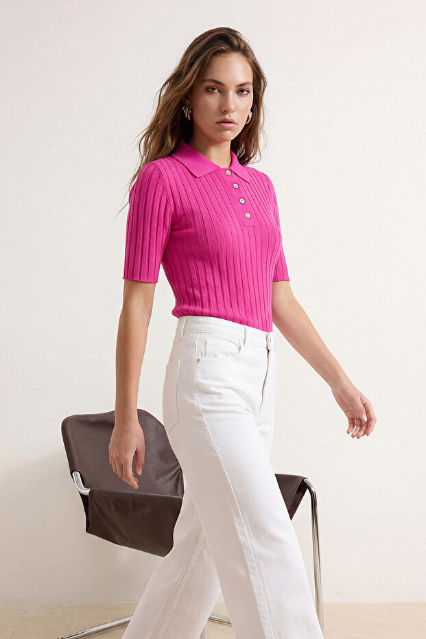 Fuşya Basic Polo Yaka T-Shirt Görünümlü İnce Bluz TWOSS20BZ0112 - 1