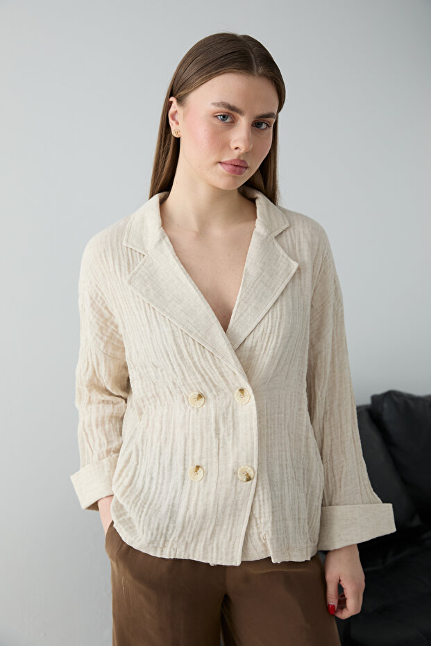 Beyaz Müslin Astarsız Tek Beden Oversize Ceket TWOSS26BC00037 - 1