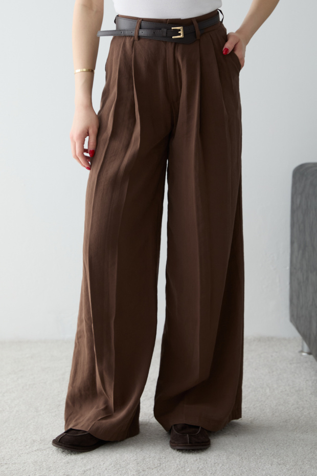 Koyu Kahverengi Modal Kemerli Geniş Paça Pantolon TWOSS26PL00191 - 3