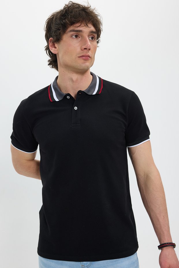 Men's Slim Fit Slim Fit 100% Cotton Black Polo Neck T-Shirt