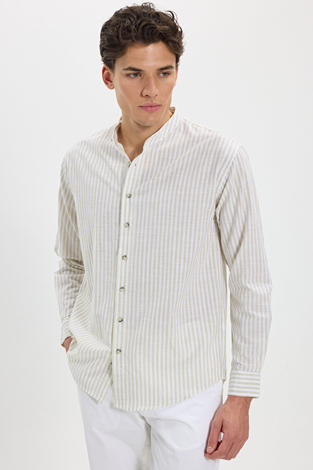 Men's Relax Fit Comfortable Cut 100% Cotton Striped Long Sleeve Linen Effect High Collar Shirt