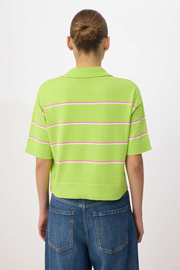 Yeşil Wardrobe Essentials Yazlık İplik Çizgili Polo Yaka Triko Bluz TWOSS26BZ00127 - 6