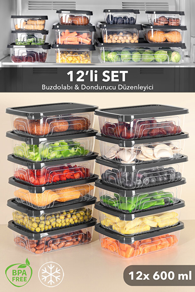 12-Piece Refrigerator Organizer, Suitable for Refrigerator, Organizer Storage Container, Lunch Box, Anthracite 600ml