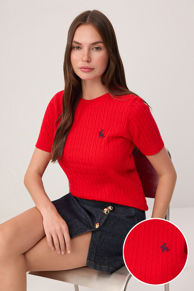 Kırmızı At Nakışlı Saç Örgü Triko Bluz TWOSS26BZ00137