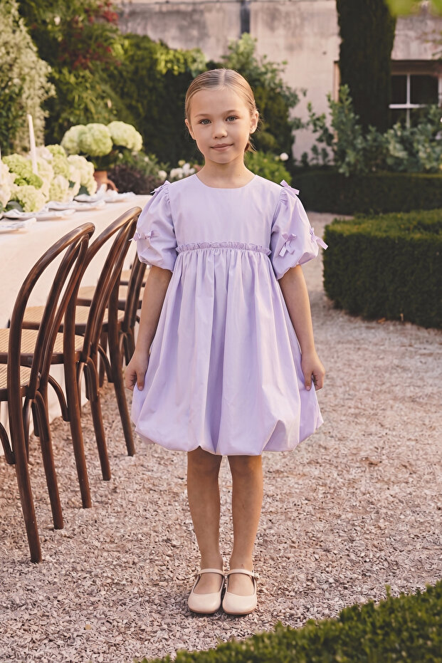 Girl's Bow Detailed Summer Balloon Dress Lilac