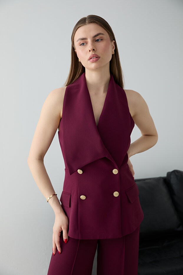 Bordo Düğmeli Yelek Geniş Paça Pantolon Dokuma Alt - Üst Takım TWOSS26AU00185 - 2