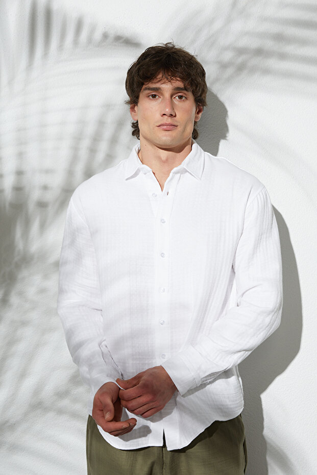 Men's Relax Fit Comfortable Cut 100% Cotton Long Sleeve Plain Muslin Fabric Flowy White Shirt