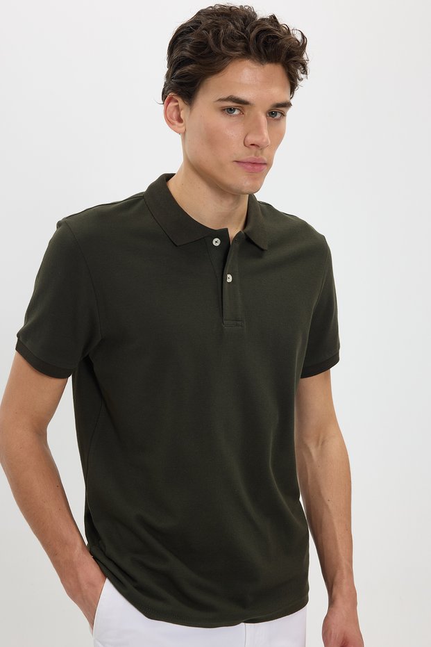 Men's Slim Fit 100% Cotton Short Sleeve Polo Collar Khaki T-Shirt