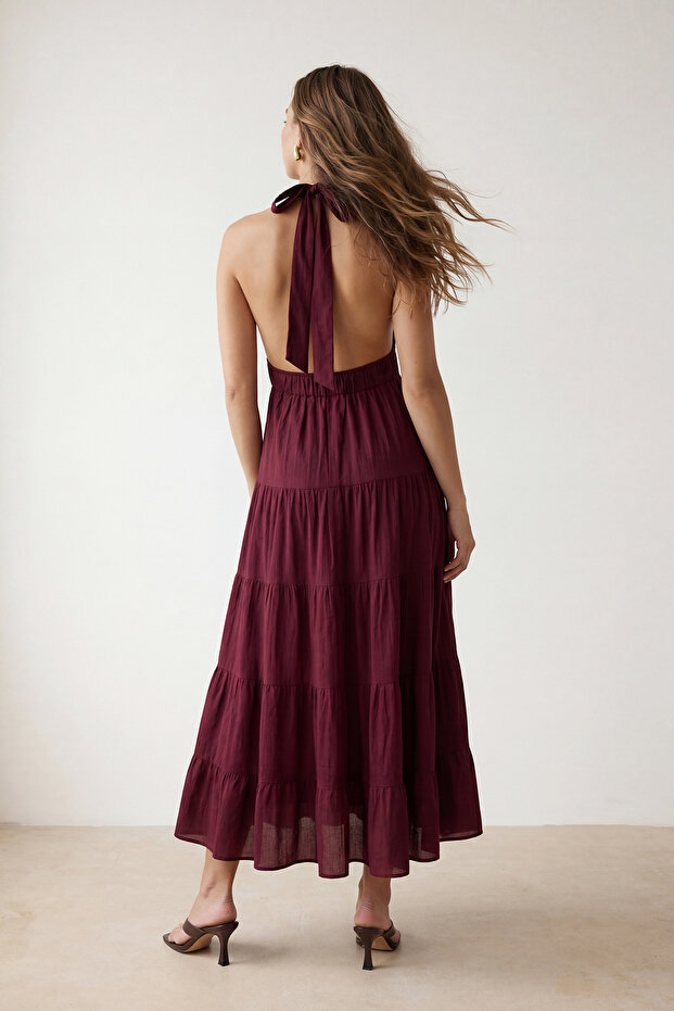 Bordo Sırt Dekolteli Maxi Dokuma Elbise TWOSS26EL00946 - 2