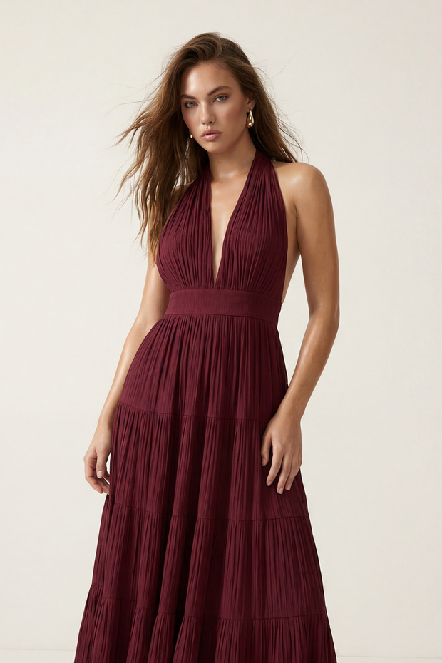 Bordo Sırt Dekolteli Maxi Dokuma Elbise TWOSS26EL00946 - 3