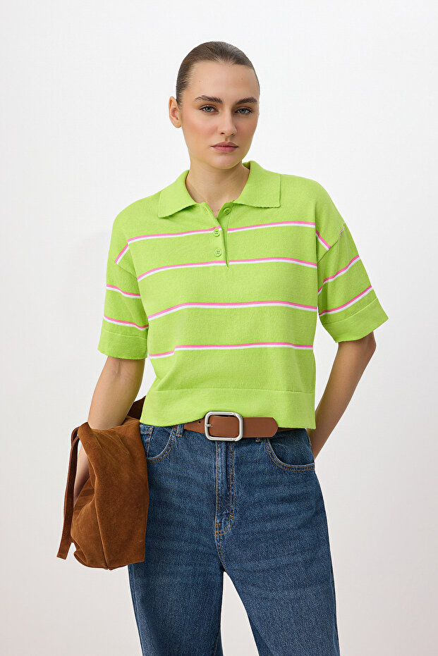 Yeşil Wardrobe Essentials Yazlık İplik Çizgili Polo Yaka Triko Bluz TWOSS26BZ00127 - 3