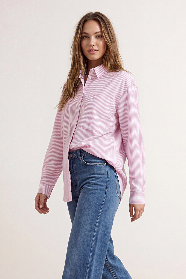 Pembe Çizgili Oversize Dokuma Gömlek TWOAW23GO00359 - 1
