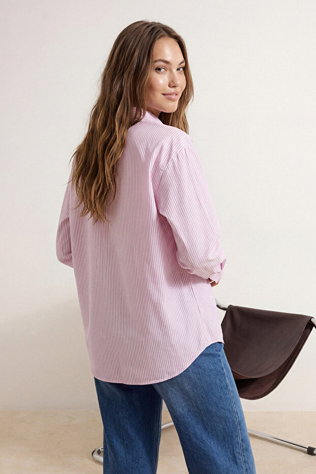 Pembe Çizgili Oversize Dokuma Gömlek TWOAW23GO00359 - 4