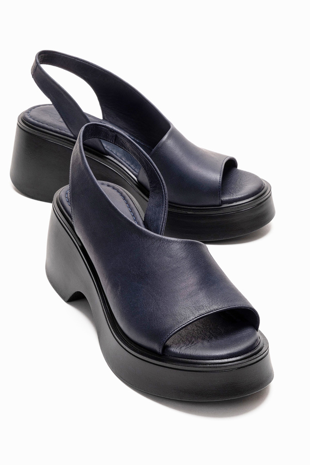 Roy Navy Blue Genuine Leather Women's Wedge Heeled Sandals