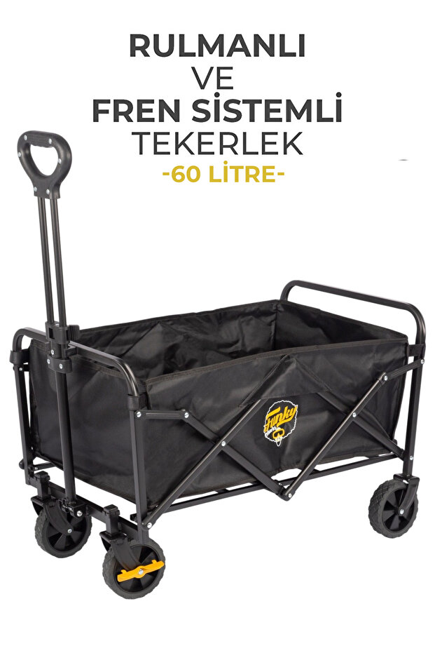 Funky Chairs 60 Litre, Fren Sistemli, Rulmanlı, L Boy Katlanır Vagon Plaj Taşıma ve Kamp Arabası - Siyah