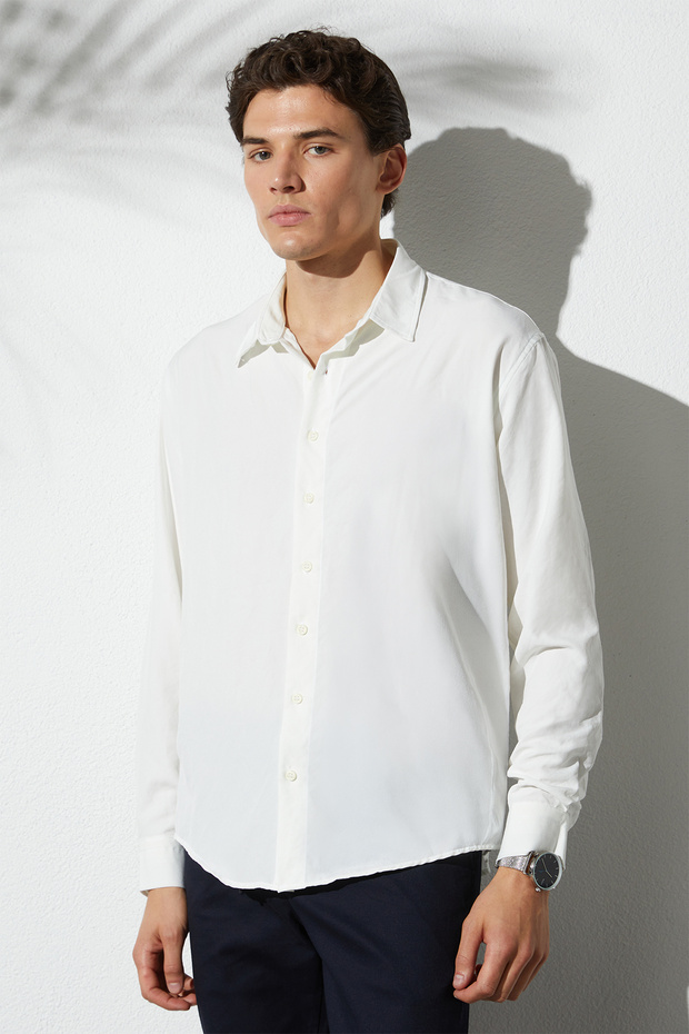 Oversize Seasonal Linen Textured Loose Fit Long Sleeve Comfortable Men's White Shirt