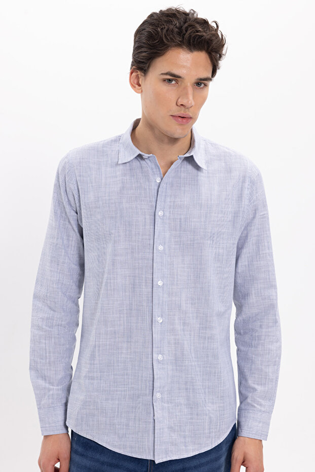 Men's slim fit 100% cotton striped long sleeve navy blue shirt with linen effect