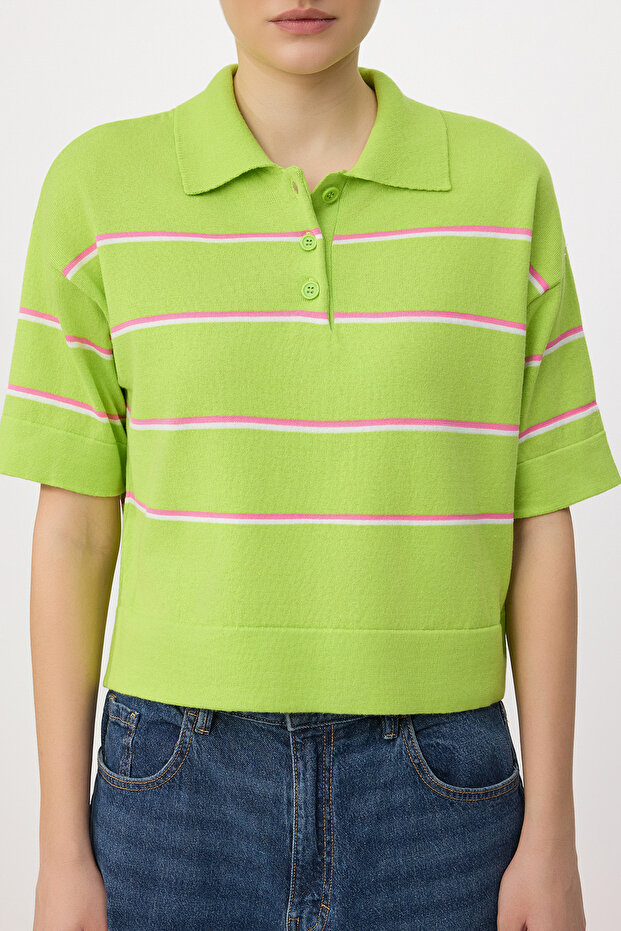 Yeşil Wardrobe Essentials Yazlık İplik Çizgili Polo Yaka Triko Bluz TWOSS26BZ00127 - 5