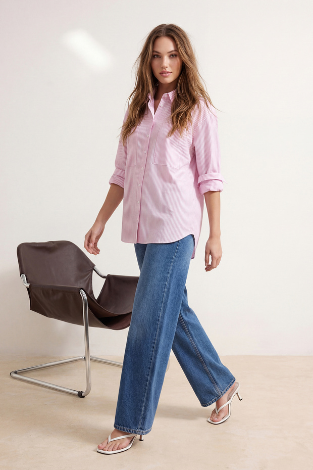 Pembe Çizgili Oversize Dokuma Gömlek TWOAW23GO00359 - 2