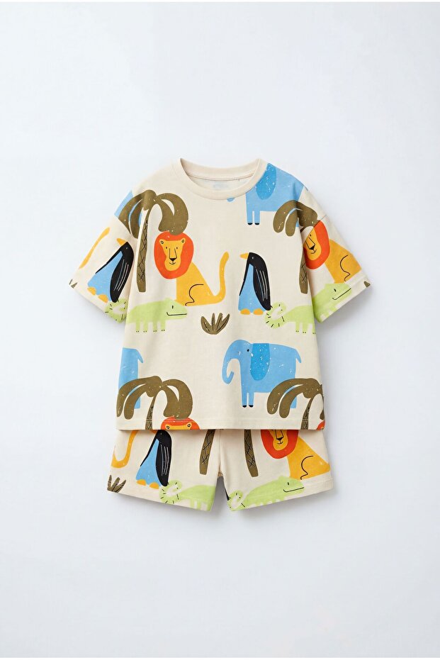 Boys' Cotton Cream Safari Patterned T-Shirt Shorts Set