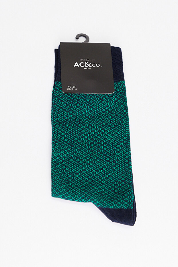 Men's Navy Blue-Green Patterned Single Socks