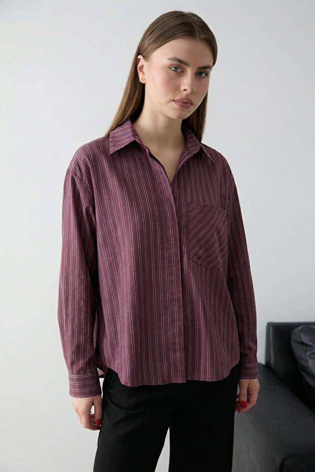 Bordo Oversize Çizgili Gömlek TCTSS26TG00045 - 3