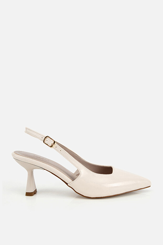 Women's Bone Pointed Toe Patent Leather Open Back Medium Heeled Shoes