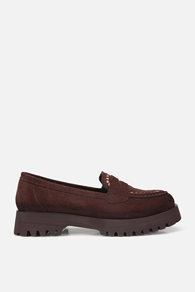 Women's Brown Stitched Suede Thick Sole Loafers